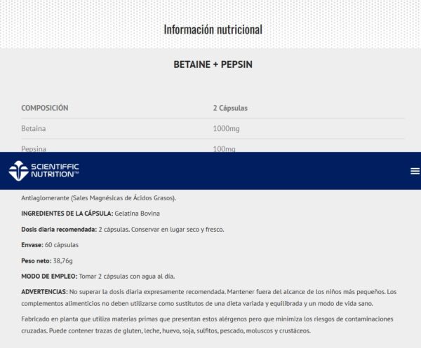 Scientiffic Nutrition Betaine + Pepsin 60caps - Imagen 3
