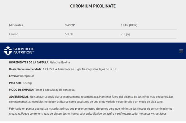 Scientiffic Nutrition Chromiun Picolinate 1,67mg 90caps - Imagen 2